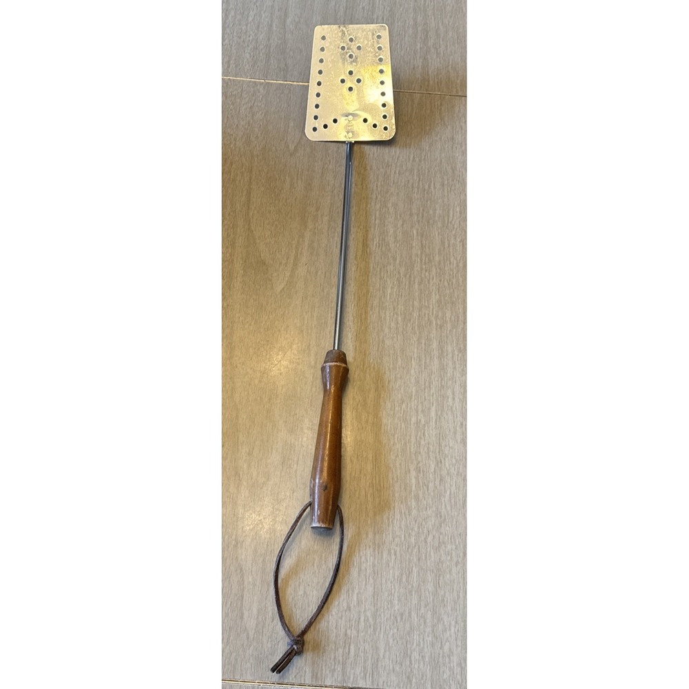 Vtg 50's Ekco USA Chromium Plated 19" Long  Angled Wood Handle Slotted Spatula